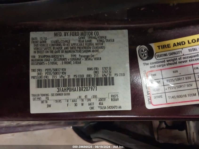 2011 Ford Fusion Se VIN: 3FAHP0HA1BR207971 Lot: 39686525