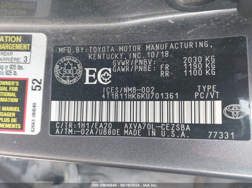 2019 TOYOTA CAMRY L/LE/XLE/SE/XSE - 4T1B11HK6KU701361