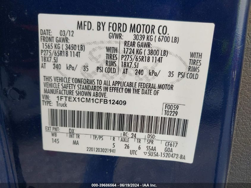 2012 Ford F-150 Xlt VIN: 1FTEX1CM1CFB12409 Lot: 39686564