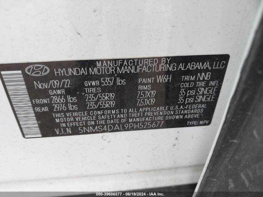 2023 Hyundai Santa Fe Limited VIN: 5NMS4DAL9PH525677 Lot: 39686577