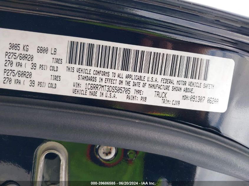 2013 Ram 1500 Sport VIN: 1C6RR7MT3DS505705 Lot: 39686585
