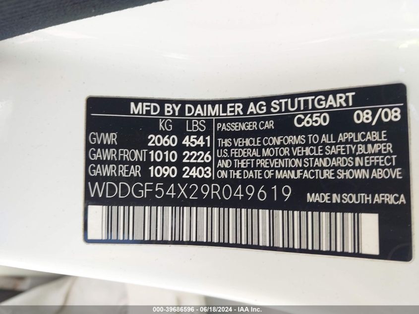 2009 Mercedes-Benz C 300 Luxury/Sport VIN: WDDGF54X29R049619 Lot: 39686596