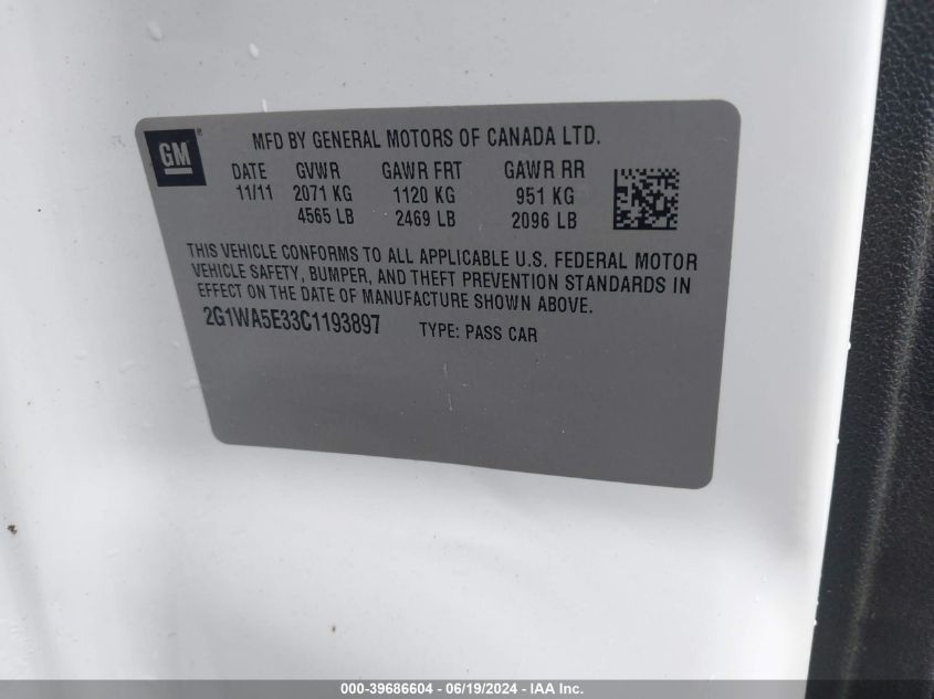 2012 Chevrolet Impala Ls VIN: 2G1WA5E33C1193897 Lot: 39686604