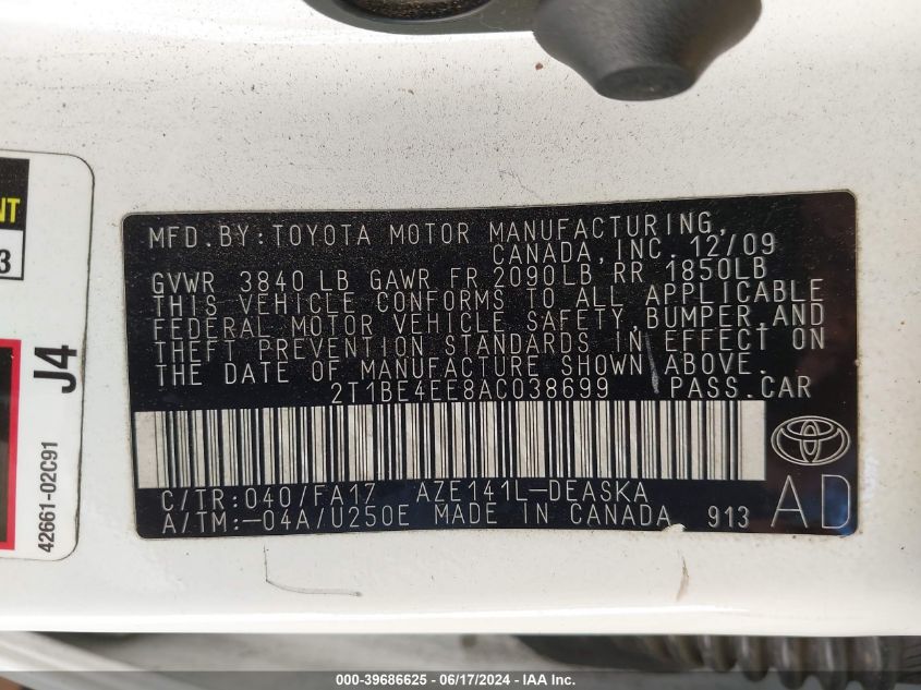 2010 Toyota Corolla Xrs VIN: 2T1BE4EE8AC038699 Lot: 39686625