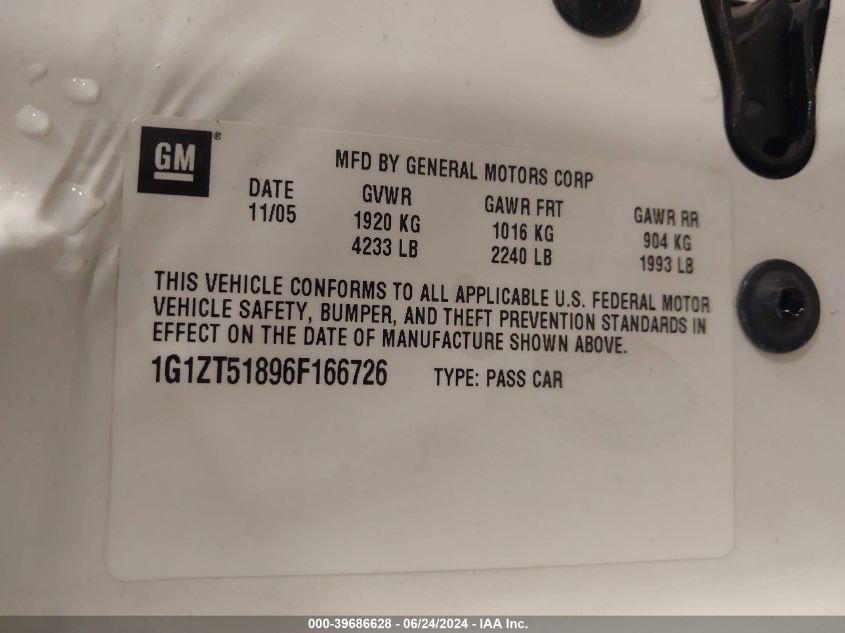 2006 Chevrolet Malibu Lt VIN: 1G1ZT51896F166726 Lot: 39686628