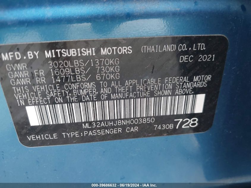 2022 Mitsubishi Mirage Es/Le VIN: ML32AUHJ8NH003850 Lot: 39686632