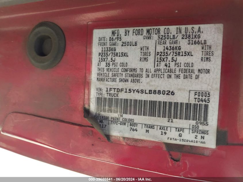 1995 Ford F150 VIN: 1FTDF15Y4SLB88026 Lot: 39686641