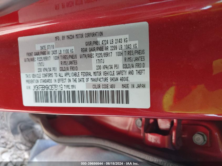 2019 Mazda Cx-5 Sport VIN: JM3KFBBM9K0676119 Lot: 39686644