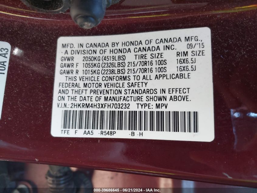 2015 Honda Cr-V Lx VIN: 2HKRM4H3XFH703232 Lot: 39686645