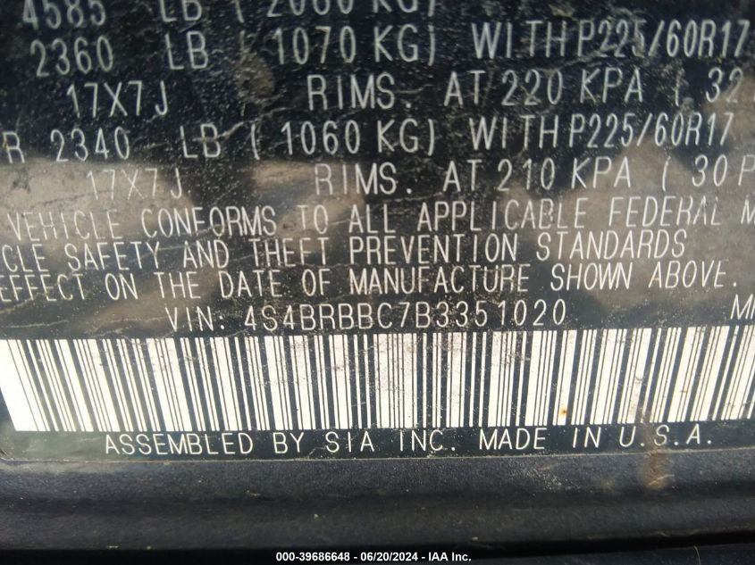 2011 Subaru Outback 2.5I Premium VIN: 4S4BRBBC7B3351020 Lot: 39686648