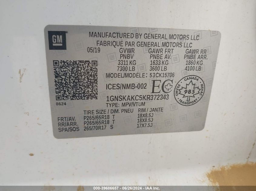 2019 Chevrolet Tahoe Ls VIN: 1GNSKAKC5KR372343 Lot: 39686657