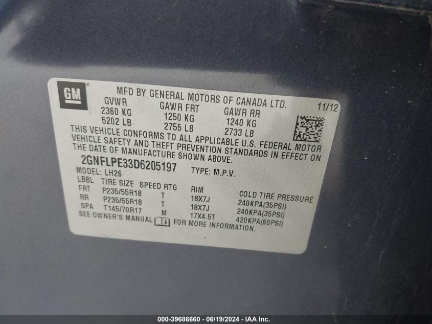 2013 Chevrolet Equinox Lt VIN: 2GNFLPE33D6205197 Lot: 39686660