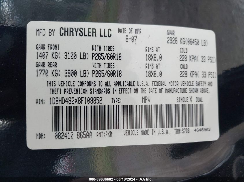 2008 Dodge Durango Slt VIN: 1D8HD482X8F108852 Lot: 39686682