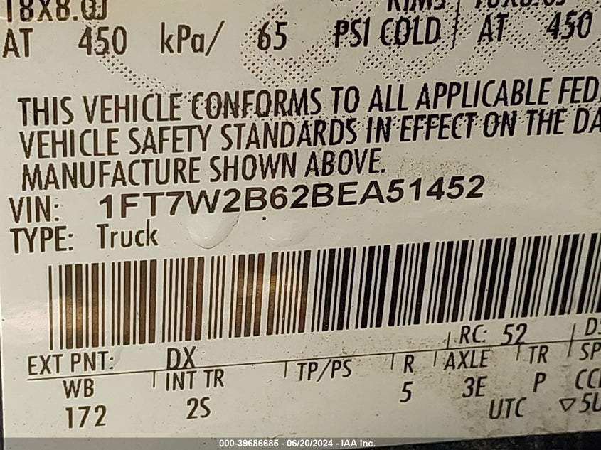 2011 Ford F-250 Xlt VIN: 1FT7W2B62BEA51452 Lot: 39686685
