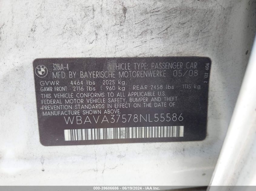 2008 BMW 328I VIN: WBAVA37578NL55586 Lot: 39686686