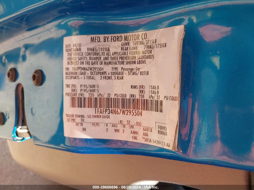 2007 Ford Focus S/Se/Ses VIN: 1FAFP34N67W295504 Lot: 39686696