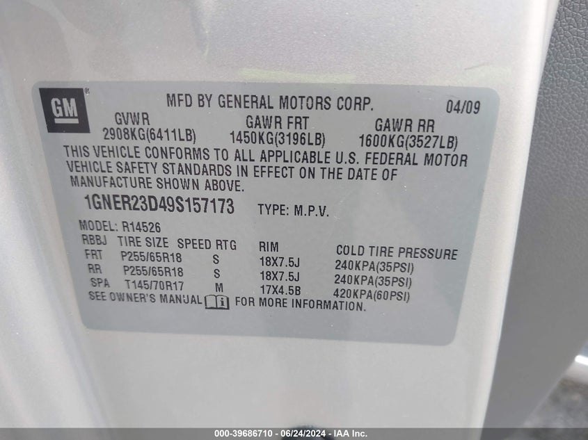 2009 Chevrolet Traverse Lt VIN: 1GNER23D49S157173 Lot: 39686710