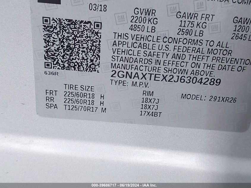 2018 Chevrolet Equinox Lt VIN: 2GNAXTEX2J6304289 Lot: 39686717