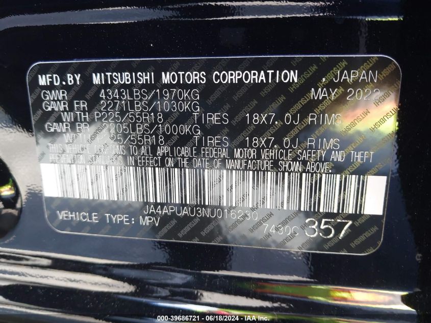 2022 Mitsubishi Outlander Sport 2.0 Be 2Wd/2.0 Es 2Wd/2.0 Le 2Wd/2.0 S 2Wd VIN: JA4APUAU3NU016230 Lot: 39686721