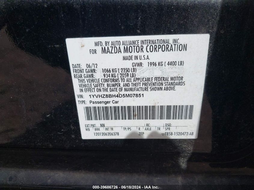 2013 Mazda Mazda6 I Sport VIN: 1YVHZ8BH4D5M07851 Lot: 39686726