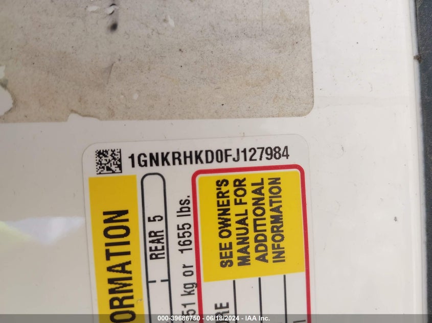 2015 Chevrolet Traverse 2Lt VIN: 1GNKRHKD0FJ127984 Lot: 39686750