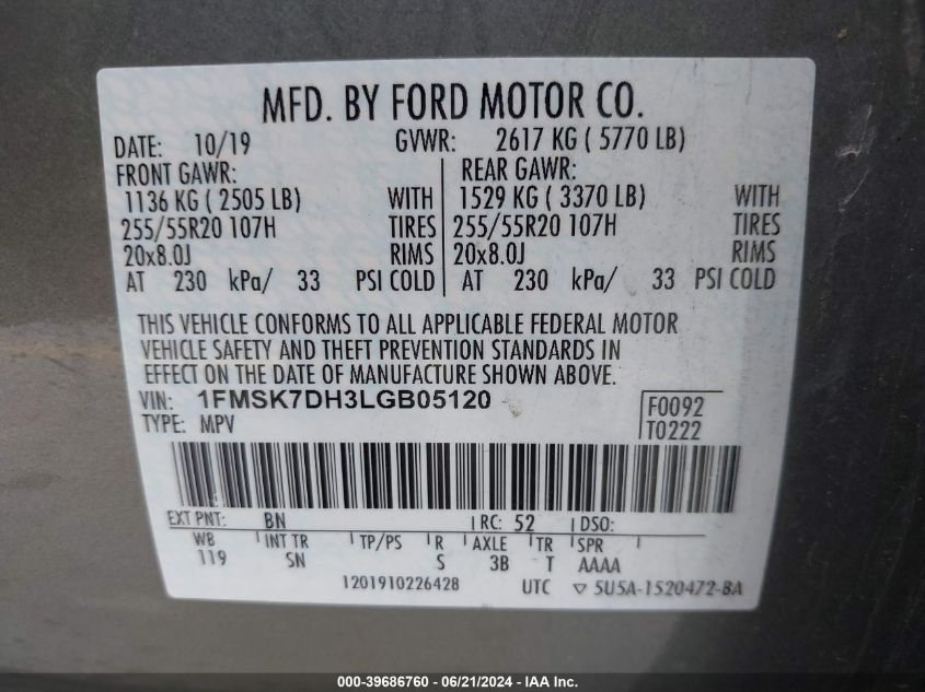 2020 Ford Explorer Xlt VIN: 1FMSK7DH3LGB05120 Lot: 39686760