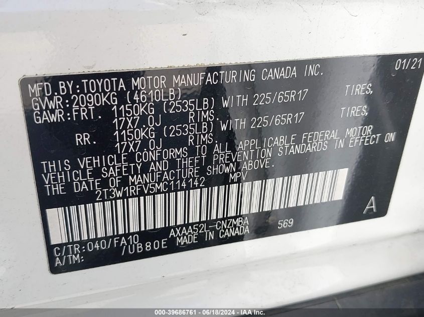 2021 Toyota Rav4 Xle VIN: 2T3W1RFV5MC114142 Lot: 39686761