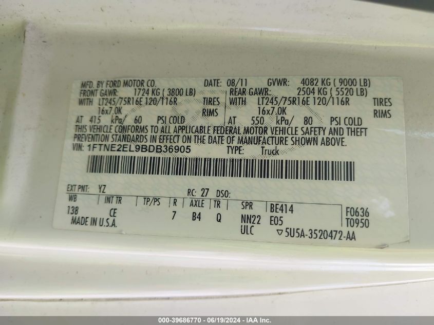 2011 Ford E-250 Commercial VIN: 1FTNE2EL9BDB36905 Lot: 39686770