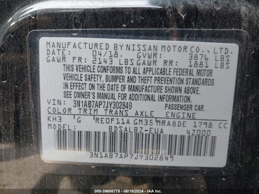 2018 Nissan Sentra S VIN: 3N1AB7AP7JY302849 Lot: 39686778