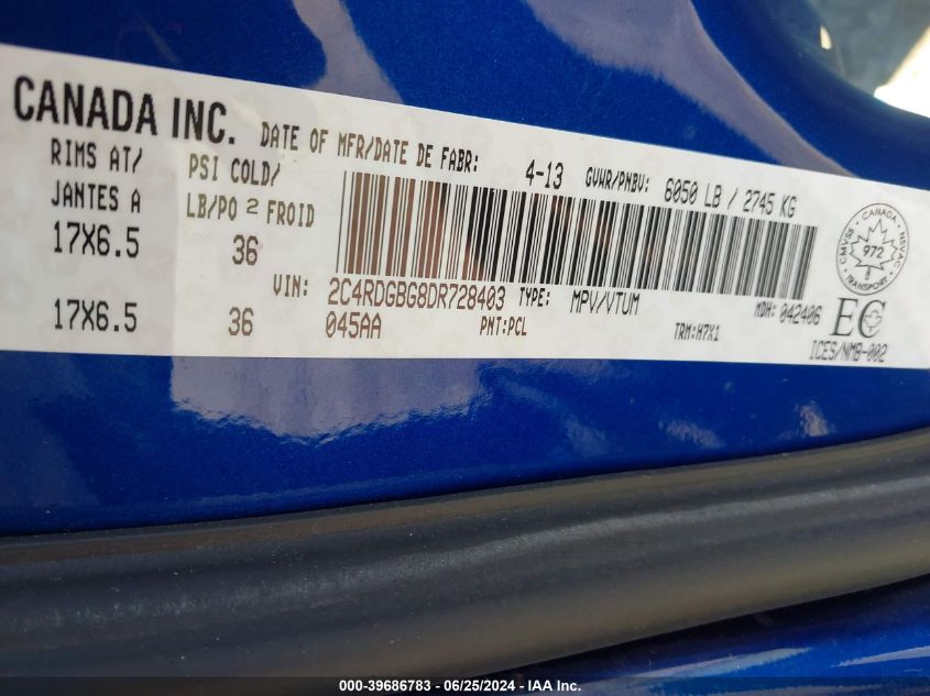 2013 Dodge Grand Caravan Se/Sxt VIN: 2C4RDGBG8DR728403 Lot: 39686783