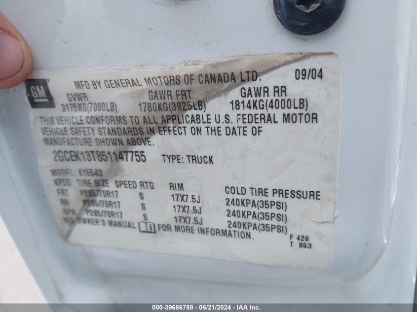 2005 Chevrolet Silverado 1500 Z71 VIN: 2GCEK13T851147755 Lot: 39686788