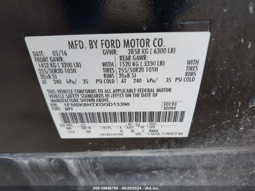 2016 Ford Explorer Platinum VIN: 1FM5K8HTXGGD13390 Lot: 39686789