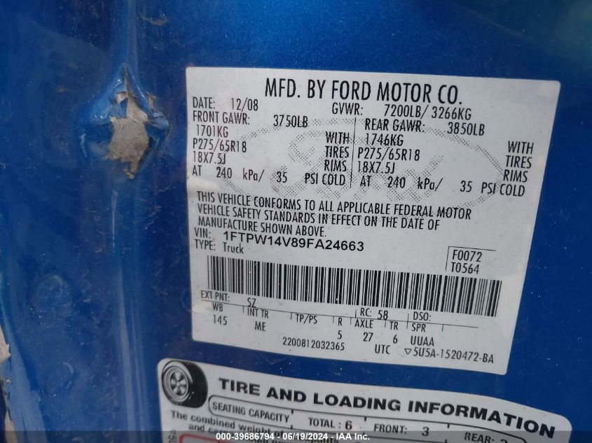 2009 Ford F-150 Xlt VIN: 1FTPW14V89FA24663 Lot: 39686794