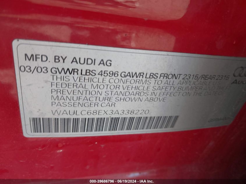 2003 Audi A4 1.8T VIN: WAULC68EX3A338220 Lot: 39686796