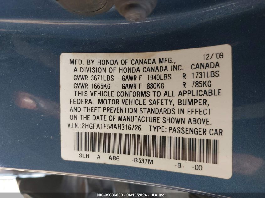 2010 Honda Civic Lx VIN: 2HGFA1F54AH316726 Lot: 39686800