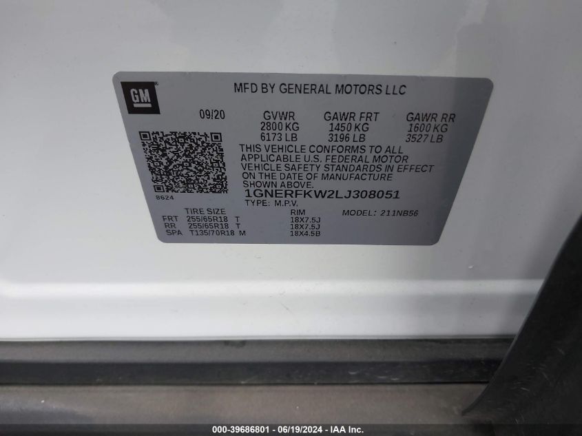 2020 Chevrolet Traverse Ls VIN: 1GNERFKW2LJ308051 Lot: 39686801