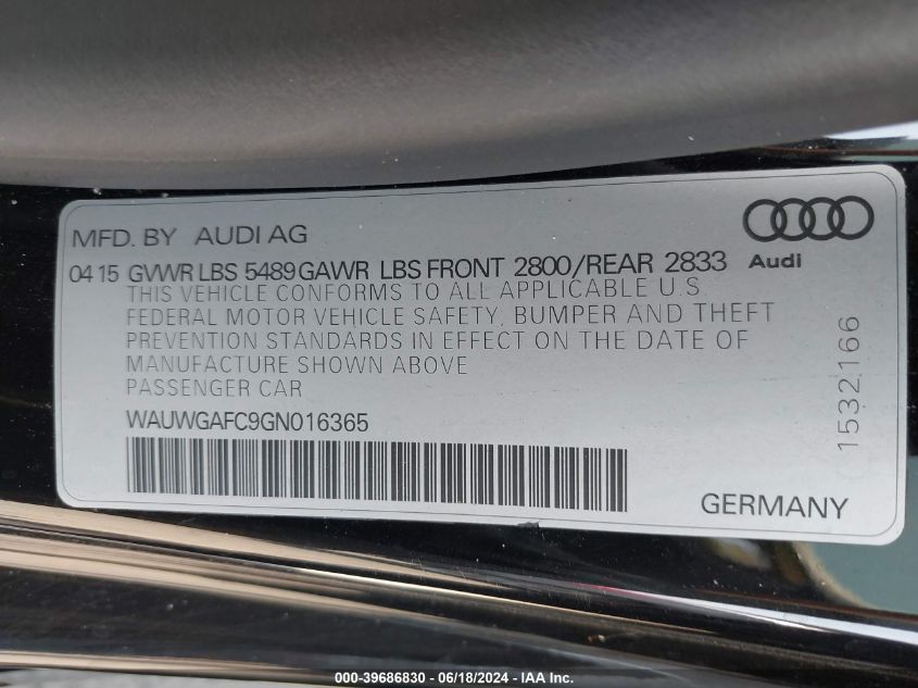 2016 Audi A7 3.0T Premium Plus VIN: WAUWGAFC9GN016365 Lot: 39686830