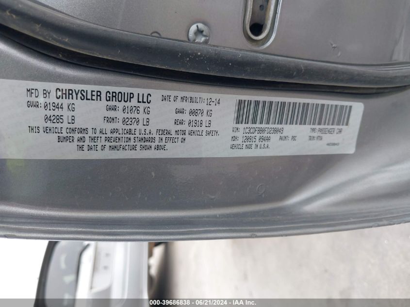 2015 Dodge Dart Sxt VIN: 1C3CDFBB0FD238049 Lot: 39686838