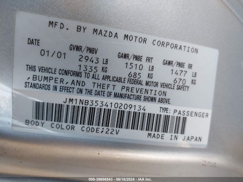 2001 Mazda Mx-5 Miata Ls/Special Edition VIN: JM1NB353410209134 Lot: 39686843