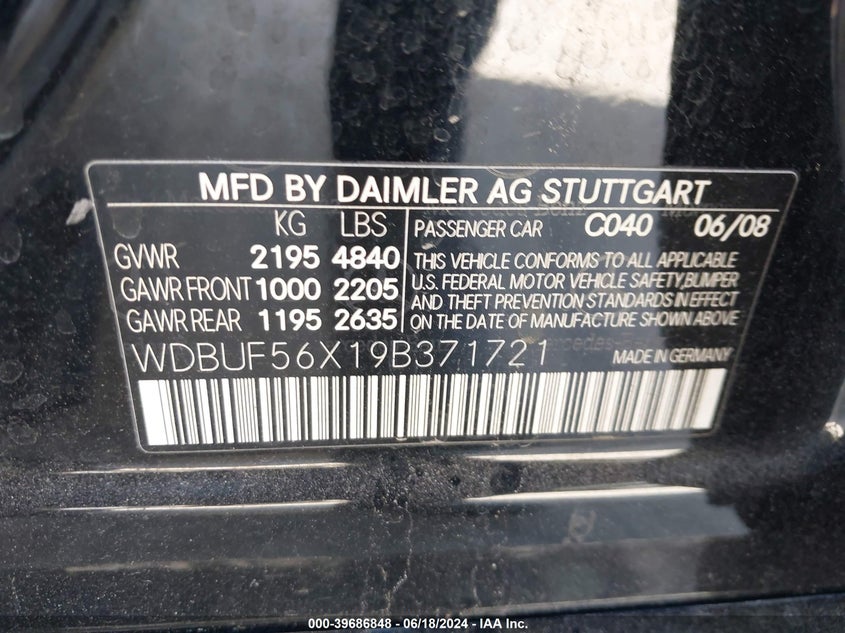 2009 Mercedes-Benz E 350 VIN: WDBUF56X19B371721 Lot: 39686848