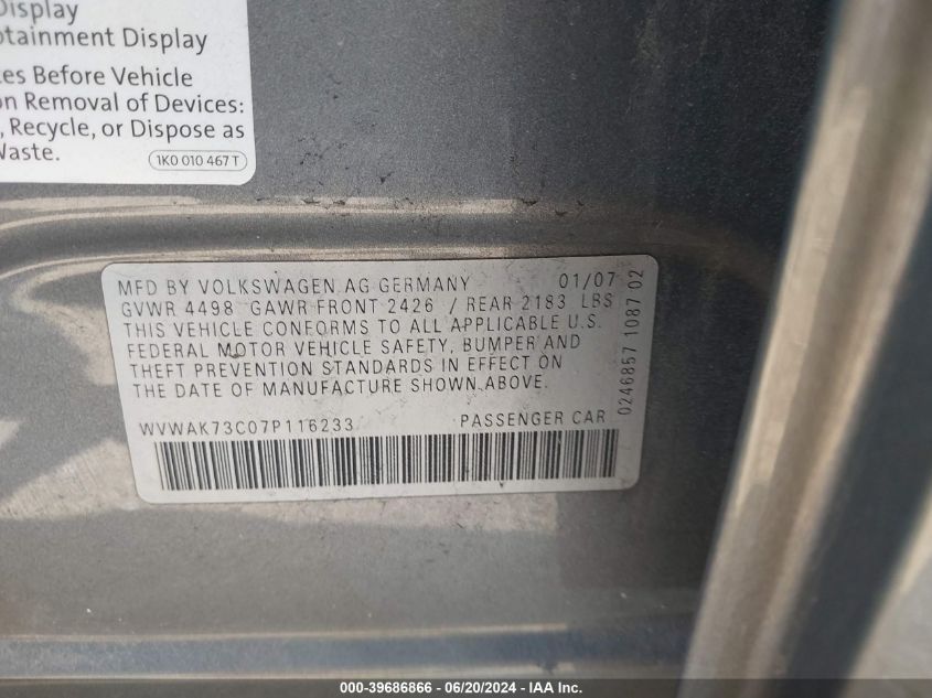 2007 Volkswagen Passat 2.0T/Wolfsburg Edition VIN: WVWAK73C07P116233 Lot: 39686866
