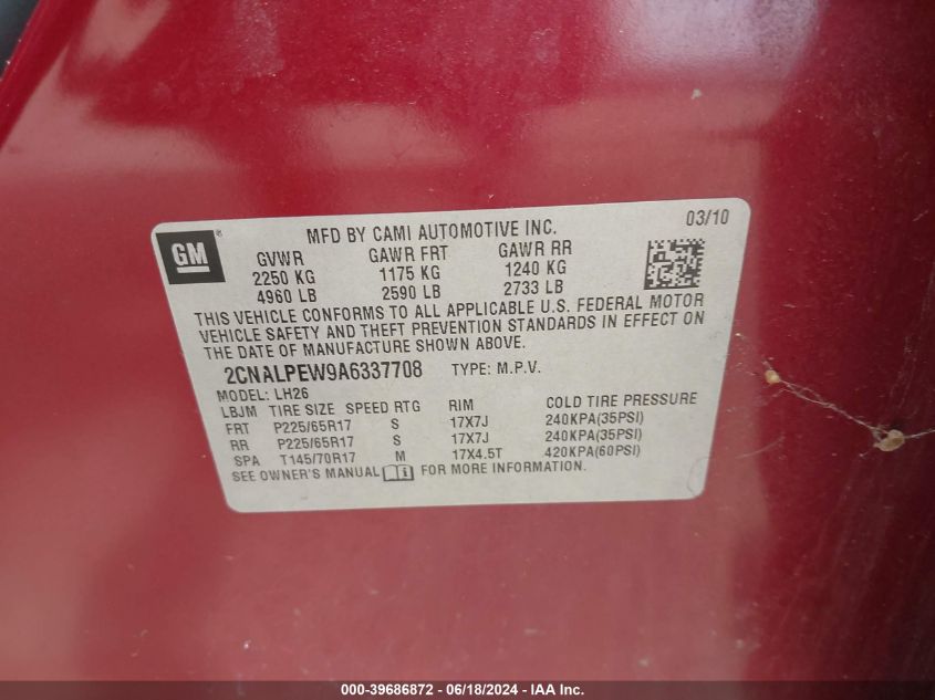 2010 Chevrolet Equinox Lt VIN: 2CNALPEW9A6337708 Lot: 39686872