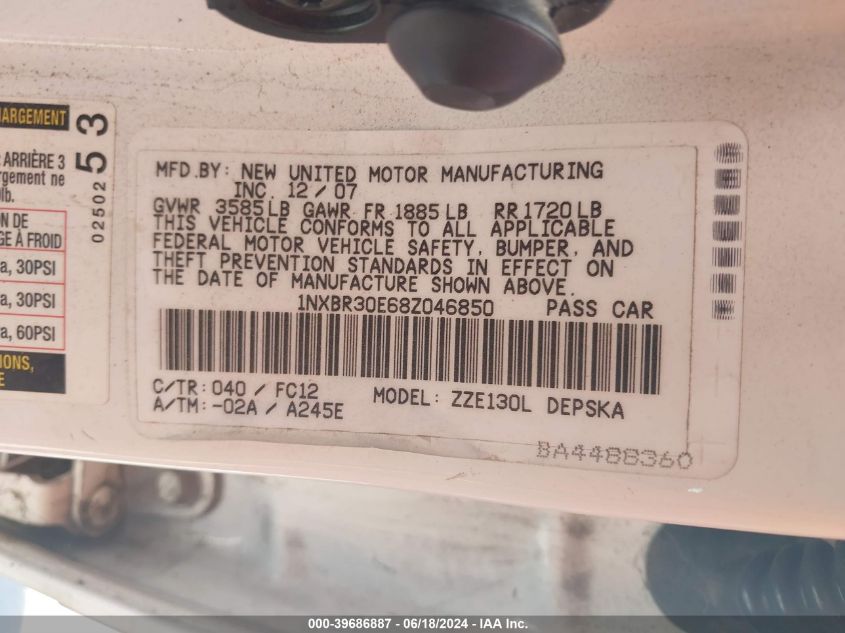 2008 Toyota Corolla S VIN: 1NXBR30E68Z046850 Lot: 39686887