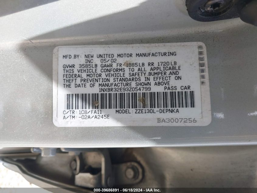 2003 Toyota Corolla Le VIN: 1NXBR32E93Z054799 Lot: 39686891