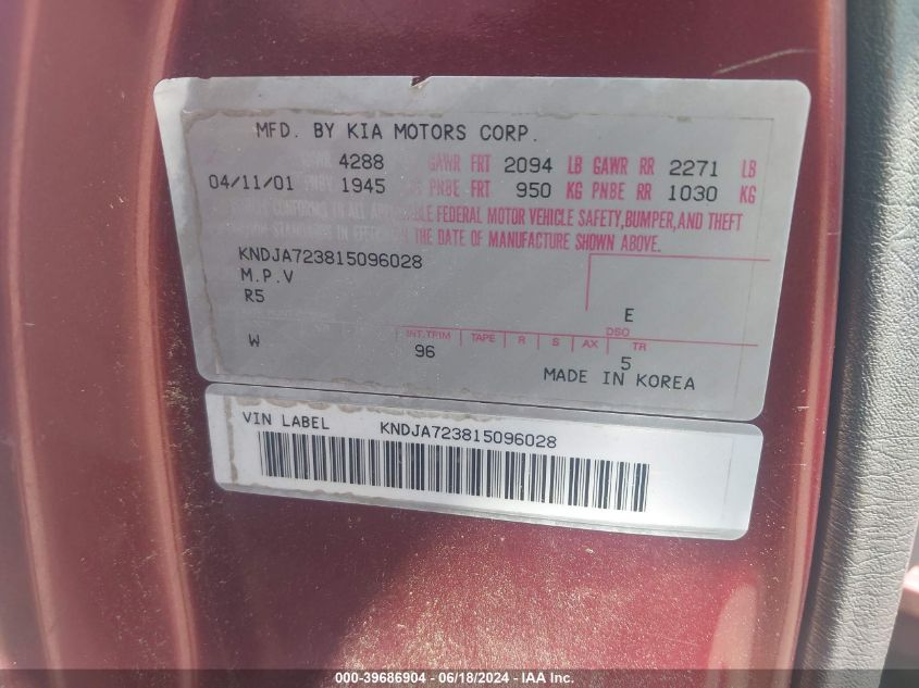 2001 Kia Sportage Ex/Limited VIN: KNDJA723815096028 Lot: 39686904