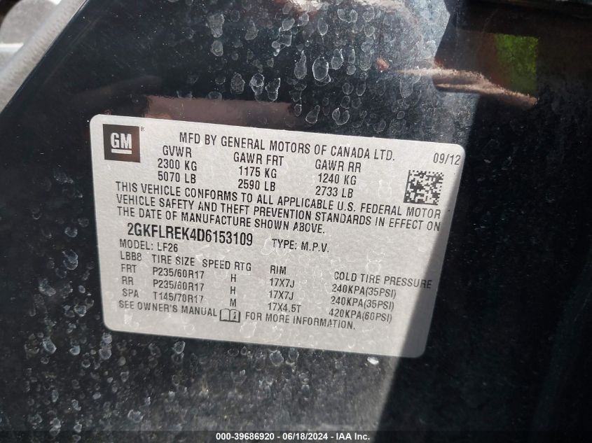 2013 GMC Terrain Sle-1 VIN: 2GKFLREK4D6153109 Lot: 39686920