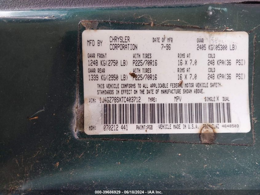 1996 Jeep Grand Cherokee Limited VIN: 1J4GZ78SXTC403712 Lot: 39686929
