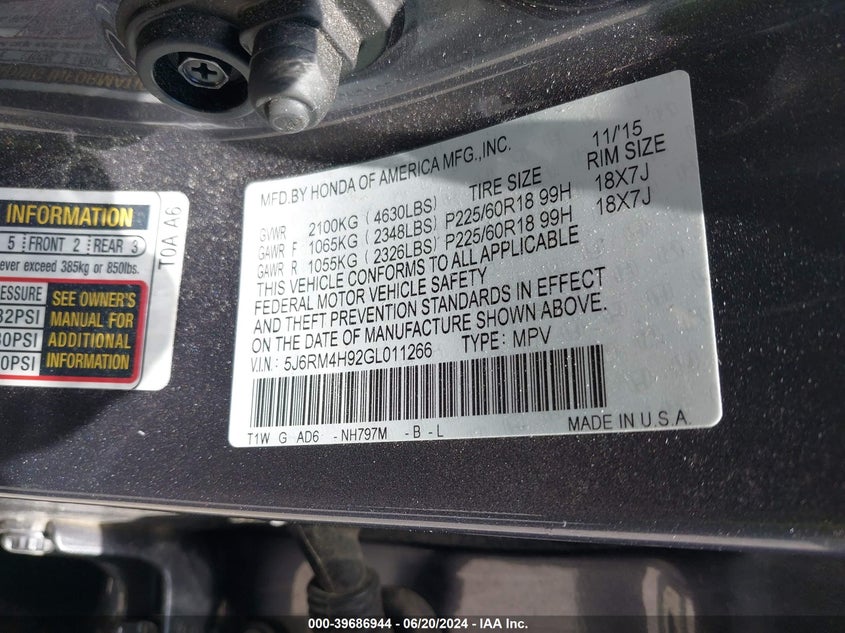 2016 HONDA CR-V TOURING - 5J6RM4H92GL011266