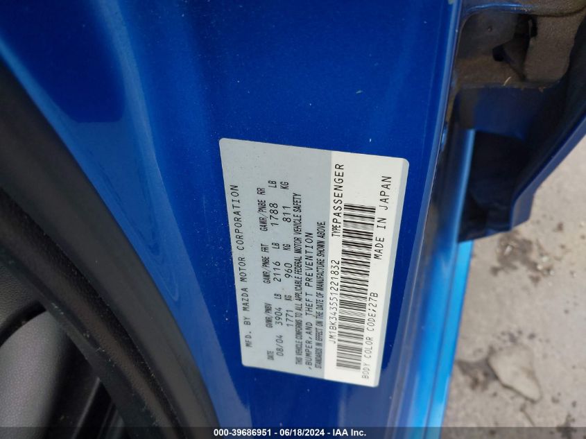 2005 Mazda Mazda3 S VIN: JM1BK343551221832 Lot: 39686951