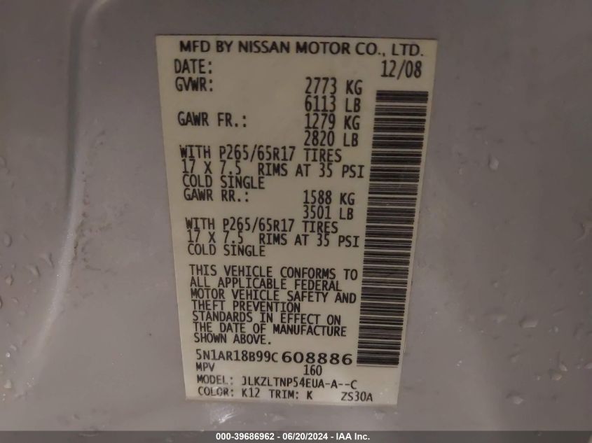 2009 Nissan Pathfinder Se VIN: 5N1AR18B99C608886 Lot: 39686962